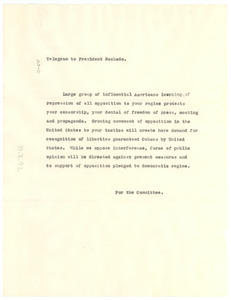 Telegram from the International Committee for Political Prisoners to President Gerardo Machado