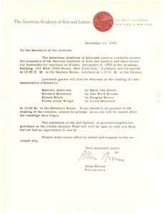 Letter from American Academy of Arts and Letters to W. E. B. Du Bois