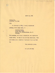 Letter from W. E. B. Du Bois to Brooklyn Postmaster