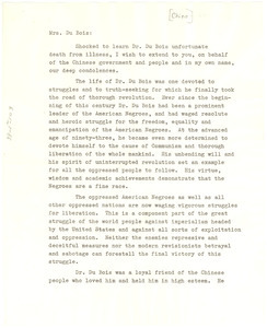 Letter from Chou En-Lai to Shirley Graham Du Bois