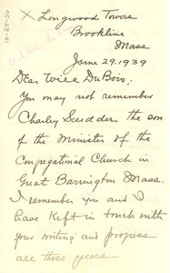 Letter from Charley Scudder to W. E. B. Du Bois