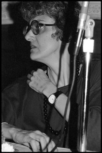 Catherine R. Stimpson, listening to a speaker at the 10th anniversary celebrations of Women's Studies at UMass Amherst