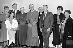 Mayor Raymond L. Flynn, Kathy Flynn, and Bishop Lawrence Riley with unidentified group