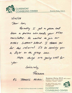 Correspondence from Roxanne Cherry to Lou Sullivan (July 14, 1989)