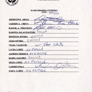 Attendance list of board members of Festival Puertorriqueño de Massachusetts, Inc. meeting on July 29, 1993