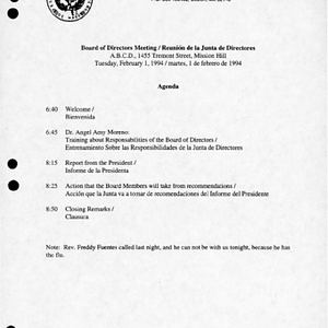 Agenda from Festival Puertorriqueño de Massachusetts, Inc., Board of Directors meeting on Tuesday, February 1, 1994