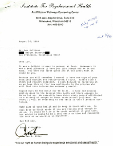 Correspondence from Charles Kiley to Lou Sullivan (August 16, 1989)