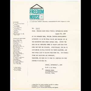 Memorandum from Freedom House Urban Renewal Information Center about meeting on September 6, 1968 with Boston Redevelopment Authority to discuss vacant land and potential housing