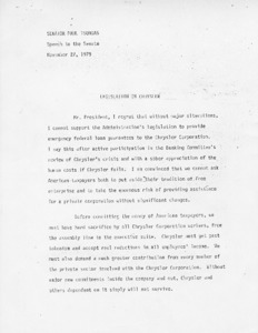 Senator Paul Tsongas' speech to the Senate regarding Legislation on Chrysler