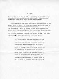 Bill to amend the Act of June 5, 1978 establishing the Lowell National Historical Park