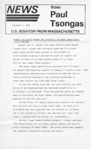 News from Paul Tsongas: Tsongas Criticizes Reagan for Vetoing El Salvador Human Rights Certification