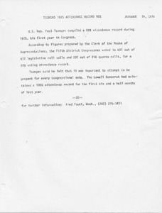 Tsongas 1975 Attendance Record 98%