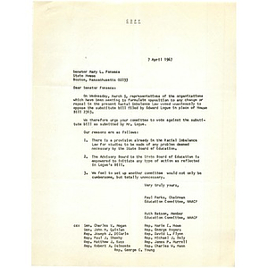 Letter, Senator Mary L. Fronseca, April 7, 1967.