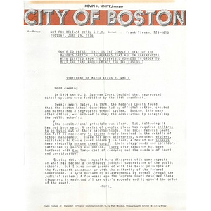 Statement of Mayor Kevin H. White, June 29, 1976.
