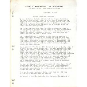 School Committee statement, November 23, 1981.