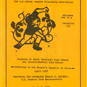 Program booklet for a reception, held for Keefe Technical High School and Lincoln-Sudbury High School students traveling to China
