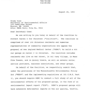 Coalition to Protect Parcel C's comment on New England Medical Center's proposed garage, addressed to the Secretary of Environmental Affairs