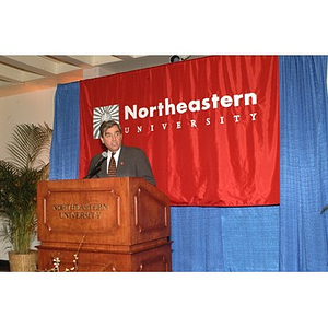 Northeastern President Freeland introduces U.S. Senator Edward Kennedy (D-MA) during a press conference on student aid