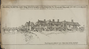 Advertisement for the Massachusetts Bay Tercentenary Celebration: "English Village on the Charles," The English Group Seen From the Bank Beyond, 1930