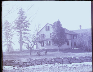 Exterior view of the John Crehore House with children playing on the lawn, Milton, Mass.