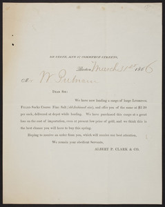 Letterhead for Albert P. Clark & Co., 218 State and 27 Commerce Streets, Boston, Mass., dated March 31, 1866