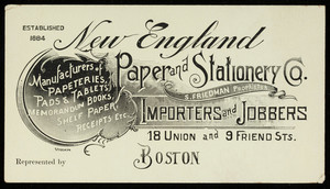 Trade cards for the New England Paper and Stationery Co., importers and jobbers, 18 Union and 9 Friend Streets, Boston, Mass., undated