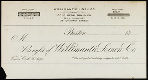 Billhead for the Willimantic Linen Co., Willimantic Linen Co. and Gold Medal Braid Co., 75 Chauncy Street, Boston, Mass., 1800s