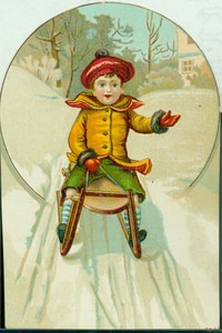 Trade card for Novelty Plaster Works, Lowell, Mass., depicting boys sledding