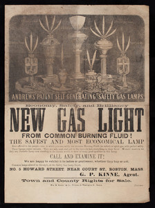 Advertisement for Andrews' Patent Self-Generating Safety Gas Lamps, G.P. Kinne, agent, No. 5 Howard Street, near Court Street, Boston, Mass., 1857