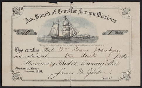 Certificate for the missionary packet, Morning Star, American Board of Commissioners for Foreign Missions, Missionary House, Boston, Mass., 1856