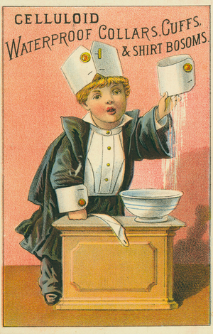 Trade card for celluloid collars and cuffs featuring a boy in a tuxedo, undated