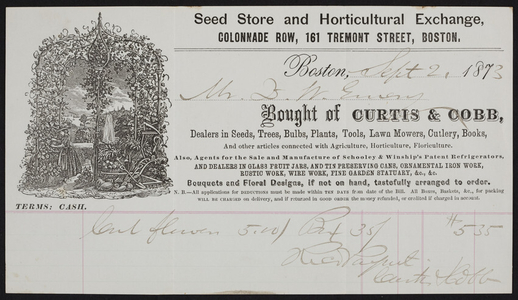 Billhead for Curtis & Cobb, seed store and horticultural exchange, Colonnade Row, 161 Tremont Street, Boston, Mass., dated September 2, 1873