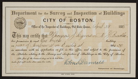 Building permit from the Department for the Survey and Inspection of Buildings, City of Boston, Boston, Mass., dated April 28, 1885