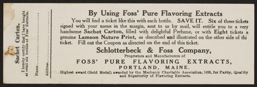 Ticket for Foss' Pure Flavoring Extracts, Schlotterbeck & Foss Company, Portland, Maine, undated