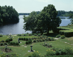 View over gardens and Salmon Falls River, Hamilton House, South Berwick, Maine