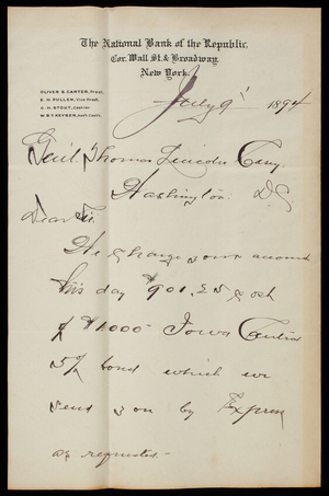 Charles H. Stout/National Bank of the Republic to Thomas Lincoln Casey, July 9, 1894