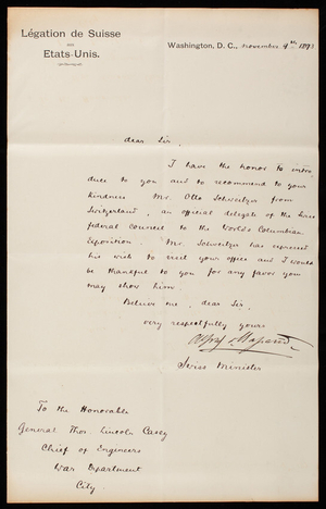 Alfred de Claparede to Thomas Lincoln Casey, November 9, 1893