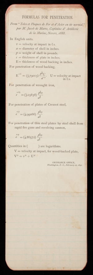 Thomas Lincoln Casey Notebook, Professional Memorandum, 1889-1892, undated, 29, Formulas for Penetration