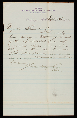 [Bernard R.] Green to Thomas Lincoln Casey, September 16, 1895