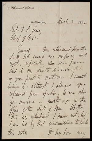 [William] P. Craighill to Thomas Lincoln Casey, March 3, 1892