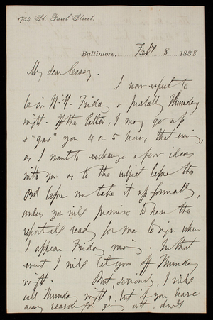 [William P. Craighill] to Thomas Lincoln Casey, Febraury 8, 1888