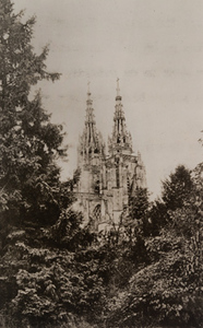 View of cathedral steeples through trees, L'Épine