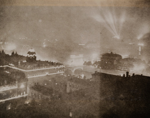 View from above of Paris at night, the city brilliantly lit, July 14, 1919