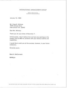 Letter from Mark H. McCormack to Craig D. Whitney