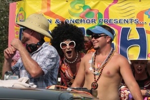 Parade marchers on a float : Provincetown Carnival parade