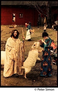 Elliot Blinder, Casey the goat, with Jenny Buell playing the flute in the farmyard, Tree Frog Farm commune