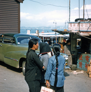 Women near harbor near car