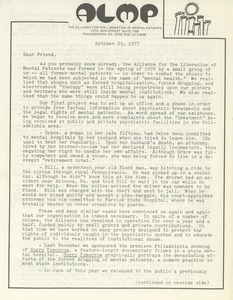 Circular letter from the Alliance for the Liberation of Mental Patients to Judi Chamberlin