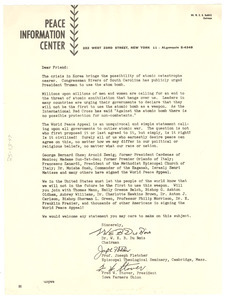 Circular letter from Peace Information Center to unidentified correspondent