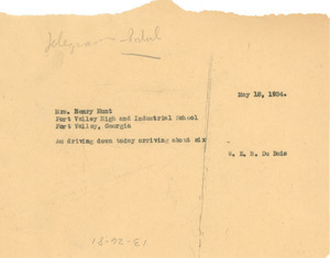 Telegram from W. E. B. Du Bois to Henry A. Hunt